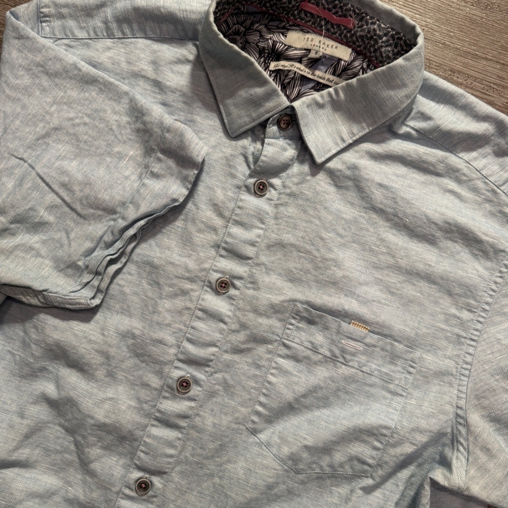 Ted Baker Shirt Mens 5 XL Blue Linen Blend Summer Casual Luxury Costal Vacation